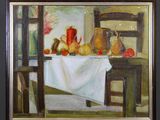 an oil painting of a table with a white table cloth on it