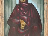 an oil painting of a man in a red robe sitting on a chair