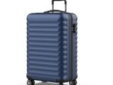 a close up of a blue suitcase with wheels on a white background