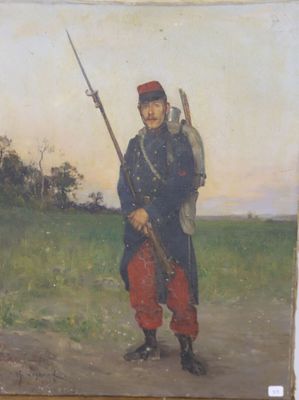 tableau représentant un homme en uniforme tenant un fusil dans un champ