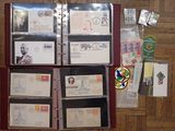 many different types of stamps on a red binder