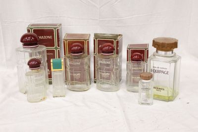 plusieurs flacons de parfum sont alignés sur une surface blanche