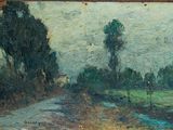 peinture d'un paysage avec une rivière et des arbres au premier plan