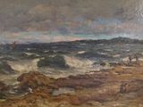 une peinture à l'huile représentant une scène de plage avec des personnes marchant au bord de l'eau