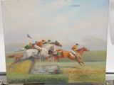 un tableau représentant des chevaux et des jockeys en pleine course sur une piste