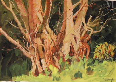 une image représentant un tableau où l'on voit un groupe d'arbres dans un champ