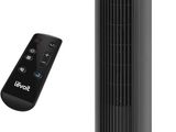 an image of a black tower fan next to a remote control
