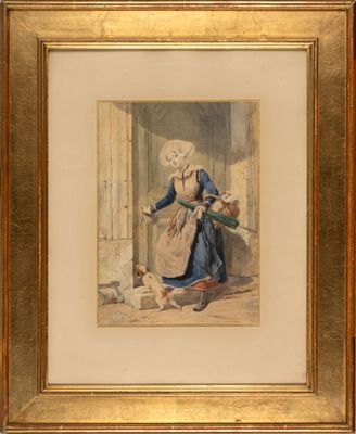 painting of a woman with a dog and a cat in a doorway