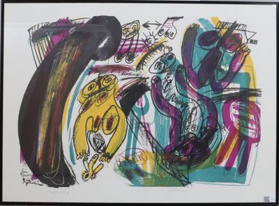 abstract painting of a man with a guitar and a woman with a bird