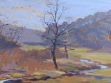 an oil painting of a field with trees and a stream