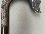 a close up of a walking stick with a bear head on it