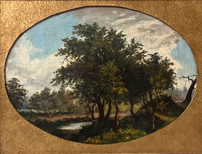 painting of a landscape with trees and a river in the foreground