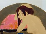 un tableau représentant une femme assise sur un lit avec un chat