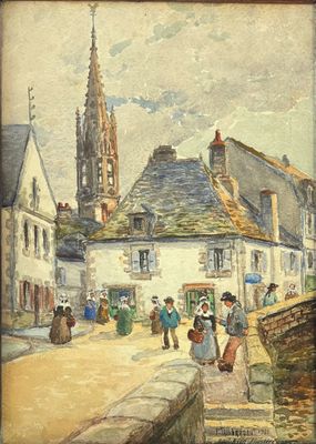 peinture d'une scène de rue avec un clocher d'église en arrière-plan
