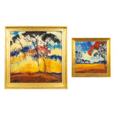 deux tableaux représentant des arbres dans un champ, avec le ciel en arrière-plan