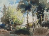 a watercolor painting of some trees in a field