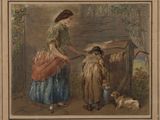 painting of a woman and a child with a dog in a yard