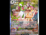 a card with a picture of a woman and a man in a garden