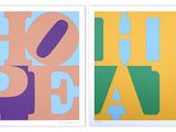 two different colored posters with the words hope and peace