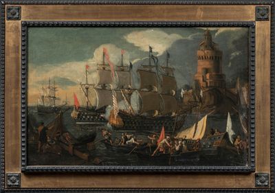 une image représentant une peinture de bateaux sur un plan d'eau, avec un phare en arrière-plan