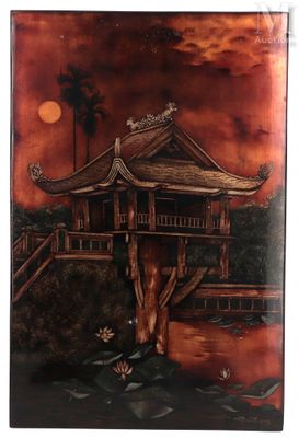 peinture asiatique représentant une pagode avec un arbre au premier plan et une pleine lune en arrière-plan