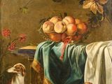 tableau représentant une nature morte avec des fruits et un chien sur une table