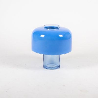 une image représentant un vase en verre bleu sur fond blanc