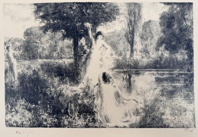 drawing of a woman in a white dress sitting on a bench