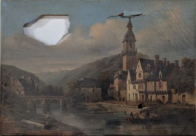 une photo d'un tableau représentant un château sur l'eau