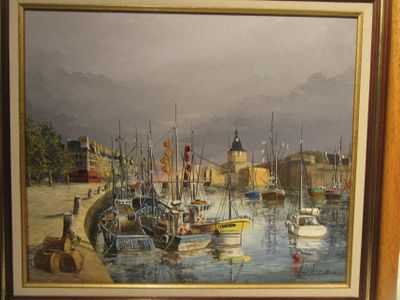 a painting of a harbor scene with boats in the water