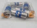 four blue and silver hoses in a plastic bag on a white surface