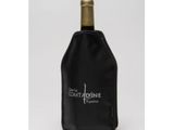 a bottle of wine in a black bag on a white background