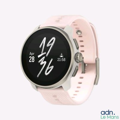 a smart watch with a pink band and a black face