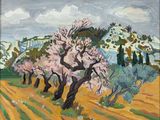 a painting of a field with trees and hills in the background