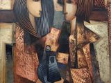 tableau représentant deux femmes avec une guitare devant un miroir