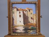 an oil painting of a small boat in a body of water