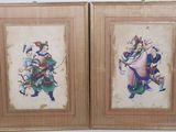 two framed paintings of a man and a woman on a horse