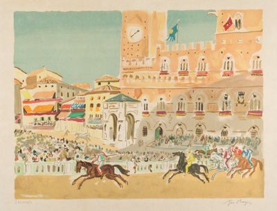 un tableau représentant une course de chevaux au cœur d'une ville