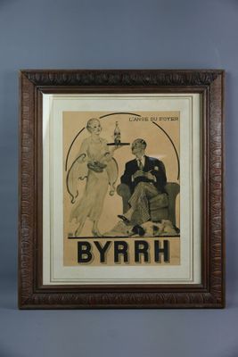une vieille affiche représentant un homme et une femme assis sur un canapé