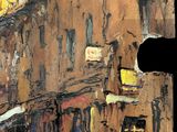 a painting of a city street with people walking on it