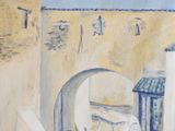 a painting of a man sitting on a bench in front of a building