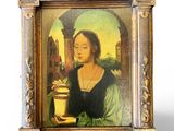 painting of a woman holding a cup of coffee in a wooden frame