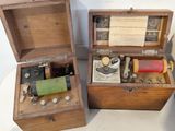 three wooden boxes that have different types of sewing tools in them