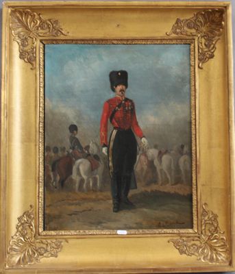 une peinture à l'huile représentant un homme en uniforme debout devant un groupe de chevaux