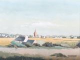 peinture d'une église dans un champ sur fond de ciel