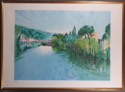 aquarelle encadrée représentant un paysage fluvial avec des maisons et des arbres