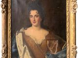 un vieux tableau représentant une femme avec un chien sur les genoux