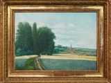 un tableau représentant un champ avec des arbres et une église au loin