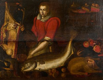 une image représentant un tableau où l'on voit un homme tenant un poisson devant un groupe d'animaux