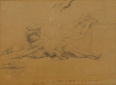 un vieux dessin représentant une femme allongée par terre à côté d'un oiseau